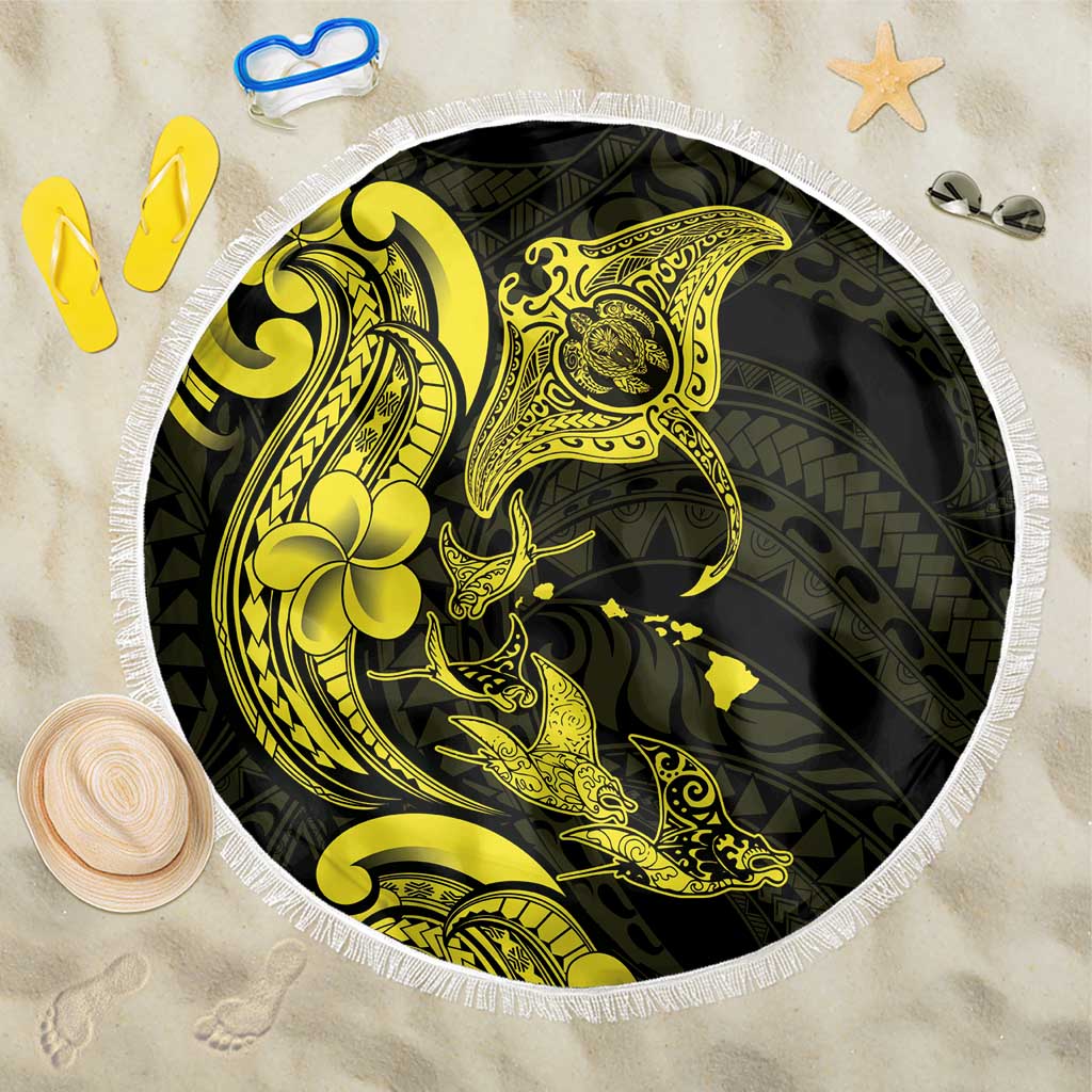 Hawaiian Manta Rays Beach Blanket Tribal Hibiscus Polynesian Tattoos Yellow Color LT03 One Size 150cm Yellow - Polynesian Pride