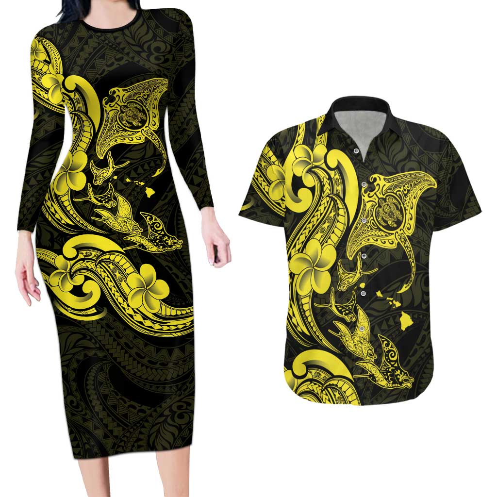 Hawaiian Manta Rays Couples Matching Long Sleeve Bodycon Dress and Hawaiian Shirt Tribal Hibiscus Polynesian Tattoos Yellow Color LT03 Yellow - Polynesian Pride