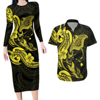Hawaiian Manta Rays Couples Matching Long Sleeve Bodycon Dress and Hawaiian Shirt Tribal Hibiscus Polynesian Tattoos Yellow Color LT03 Yellow - Polynesian Pride