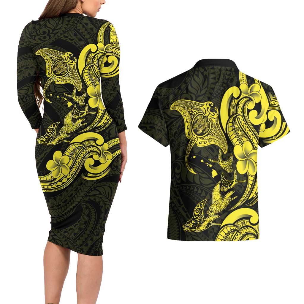 Hawaiian Manta Rays Couples Matching Long Sleeve Bodycon Dress and Hawaiian Shirt Tribal Hibiscus Polynesian Tattoos Yellow Color LT03 - Polynesian Pride