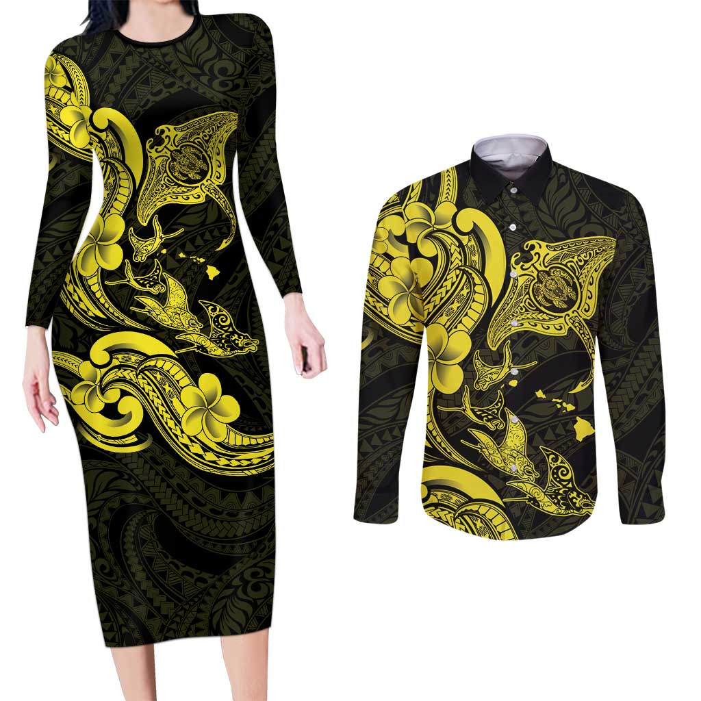 Hawaiian Manta Rays Couples Matching Long Sleeve Bodycon Dress and Long Sleeve Button Shirt Tribal Hibiscus Polynesian Tattoos Yellow Color LT03 Yellow - Polynesian Pride