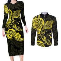 Hawaiian Manta Rays Couples Matching Long Sleeve Bodycon Dress and Long Sleeve Button Shirt Tribal Hibiscus Polynesian Tattoos Yellow Color LT03 Yellow - Polynesian Pride