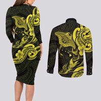 Hawaiian Manta Rays Couples Matching Long Sleeve Bodycon Dress and Long Sleeve Button Shirt Tribal Hibiscus Polynesian Tattoos Yellow Color LT03 - Polynesian Pride