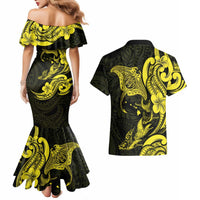 Hawaiian Manta Rays Couples Matching Mermaid Dress and Hawaiian Shirt Tribal Hibiscus Polynesian Tattoos Yellow Color LT03 - Polynesian Pride