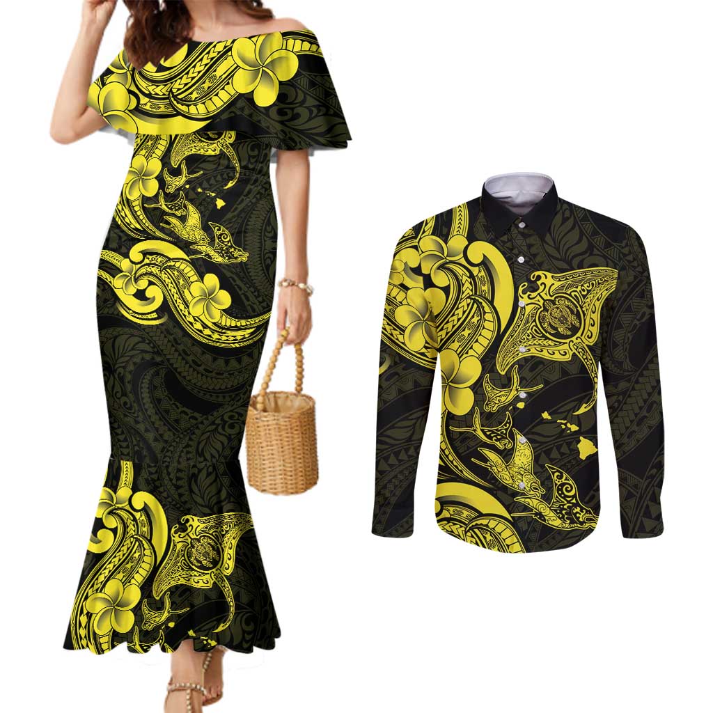 Hawaiian Manta Rays Couples Matching Mermaid Dress and Long Sleeve Button Shirt Tribal Hibiscus Polynesian Tattoos Yellow Color LT03 Yellow - Polynesian Pride