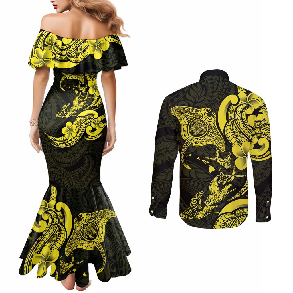 Hawaiian Manta Rays Couples Matching Mermaid Dress and Long Sleeve Button Shirt Tribal Hibiscus Polynesian Tattoos Yellow Color LT03 - Polynesian Pride