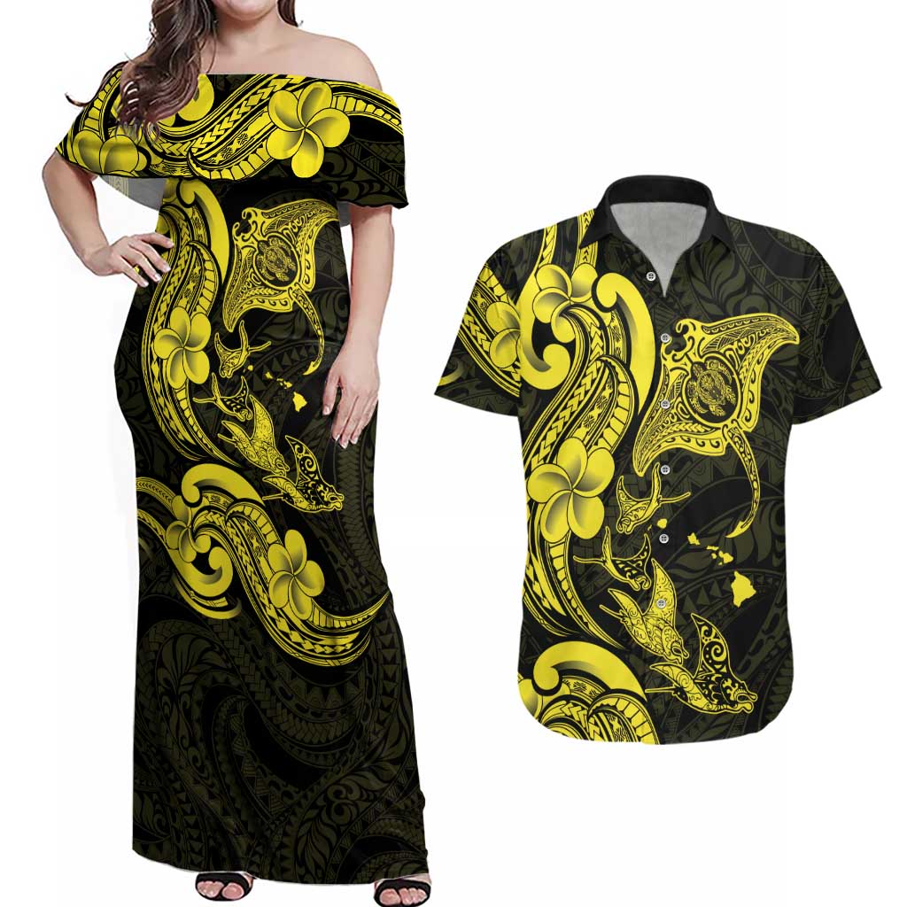 Hawaiian Manta Rays Couples Matching Off Shoulder Maxi Dress and Hawaiian Shirt Tribal Hibiscus Polynesian Tattoos Yellow Color LT03 Yellow - Polynesian Pride