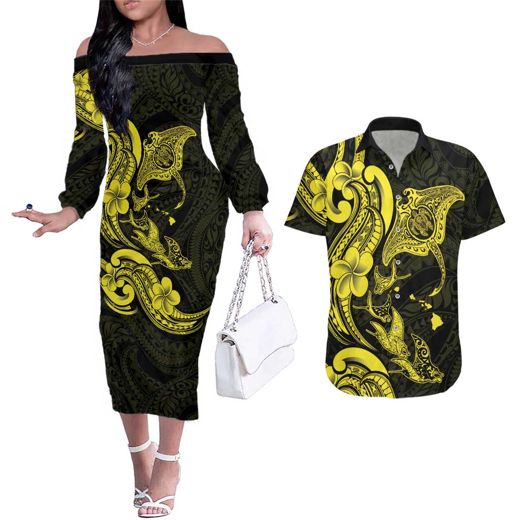 Hawaiian Manta Rays Couples Matching Off The Shoulder Long Sleeve Dress and Hawaiian Shirt Tribal Hibiscus Polynesian Tattoos Yellow Color LT03 Yellow - Polynesian Pride
