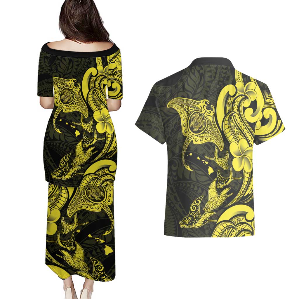 Hawaiian Manta Rays Couples Matching Puletasi and Hawaiian Shirt Tribal Hibiscus Polynesian Tattoos Yellow Color - Polynesian Pride