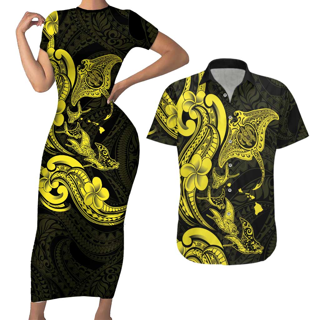 Hawaiian Manta Rays Couples Matching Short Sleeve Bodycon Dress and Hawaiian Shirt Tribal Hibiscus Polynesian Tattoos Yellow Color LT03 Yellow - Polynesian Pride