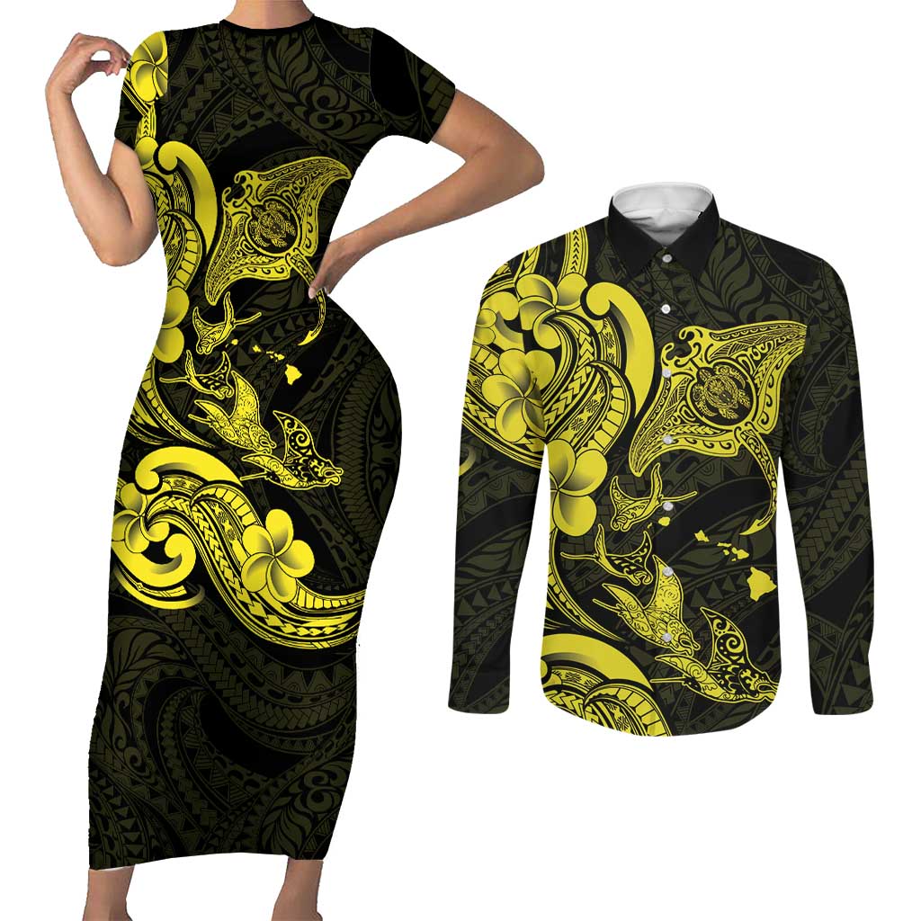 Hawaiian Manta Rays Couples Matching Short Sleeve Bodycon Dress and Long Sleeve Button Shirt Tribal Hibiscus Polynesian Tattoos Yellow Color - Polynesian Pride