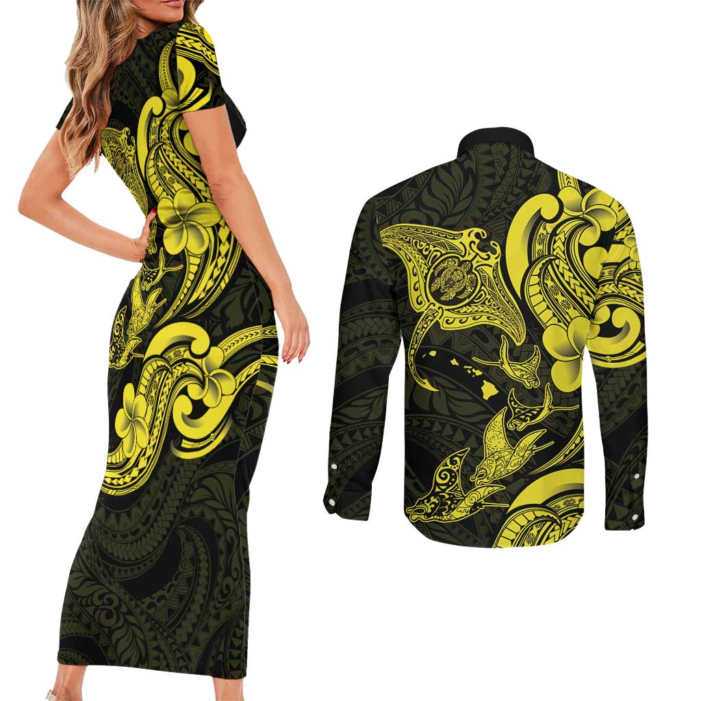 Hawaiian Manta Rays Couples Matching Short Sleeve Bodycon Dress and Long Sleeve Button Shirt Tribal Hibiscus Polynesian Tattoos Yellow Color LT03 - Polynesian Pride
