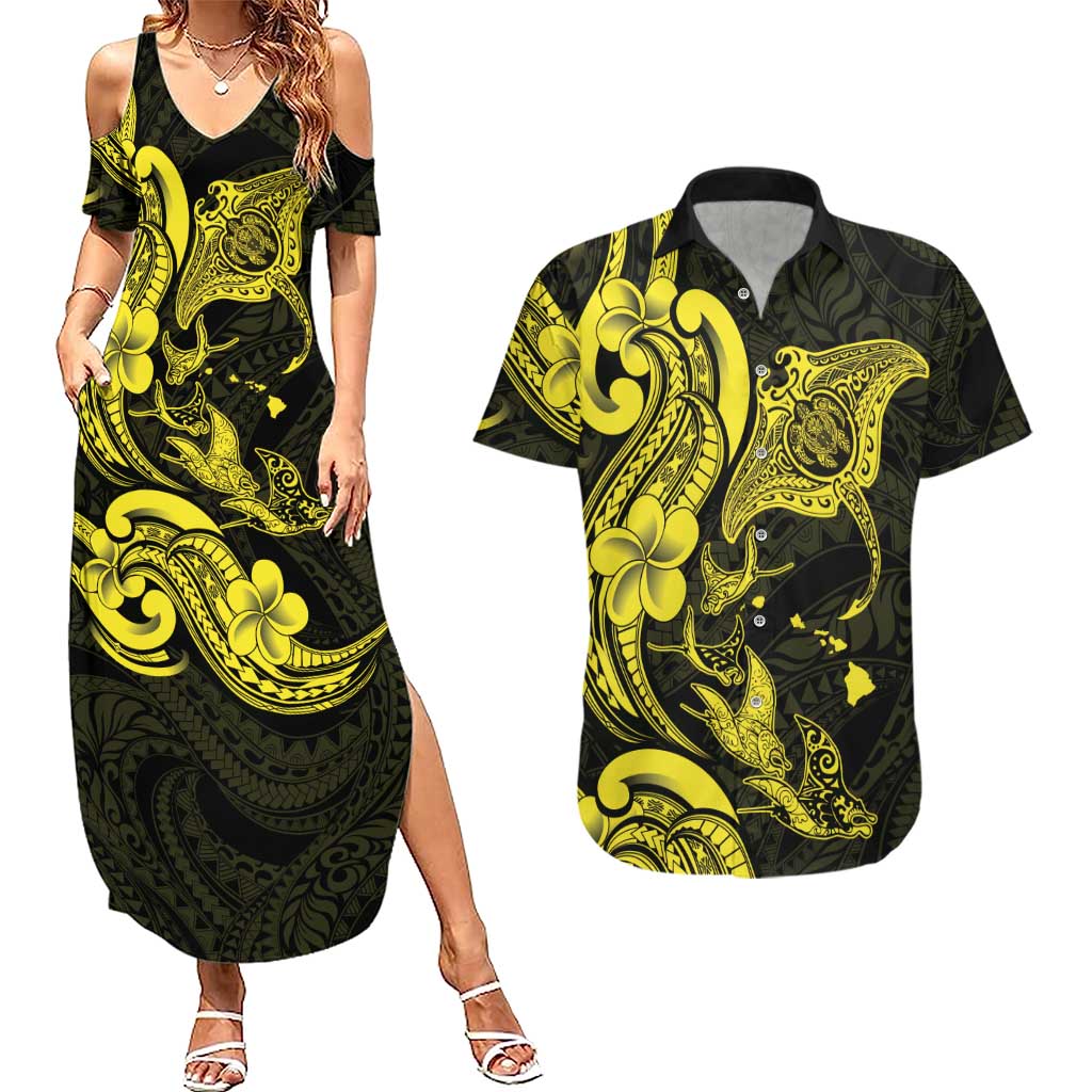 Hawaiian Manta Rays Couples Matching Summer Maxi Dress and Hawaiian Shirt Tribal Hibiscus Polynesian Tattoos Yellow Color LT03 Yellow - Polynesian Pride