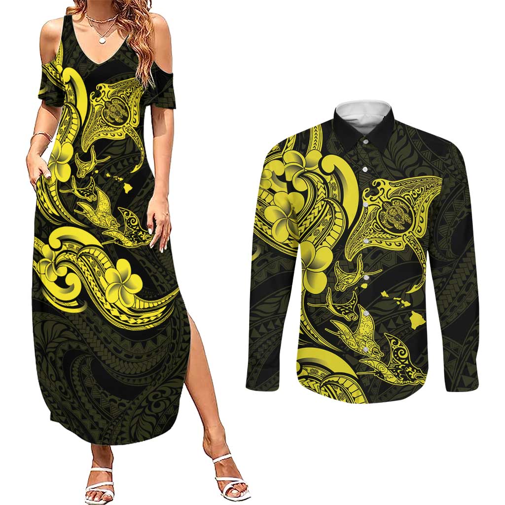 Hawaiian Manta Rays Couples Matching Summer Maxi Dress and Long Sleeve Button Shirt Tribal Hibiscus Polynesian Tattoos Yellow Color - Polynesian Pride