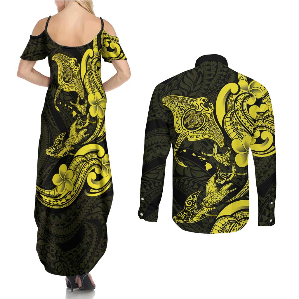Hawaiian Manta Rays Couples Matching Summer Maxi Dress and Long Sleeve Button Shirt Tribal Hibiscus Polynesian Tattoos Yellow Color - Polynesian Pride
