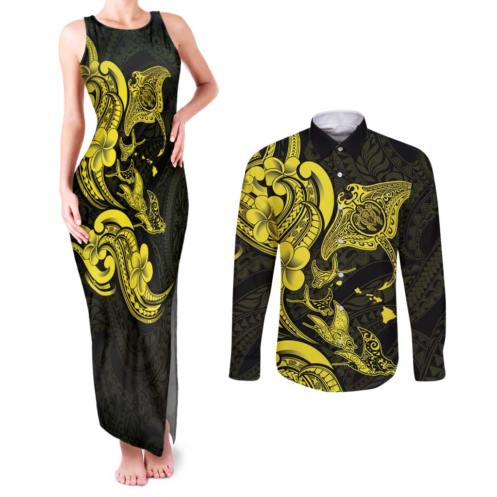 Hawaiian Manta Rays Couples Matching Tank Maxi Dress and Long Sleeve Button Shirt Tribal Hibiscus Polynesian Tattoos Yellow Color LT03 Yellow - Polynesian Pride