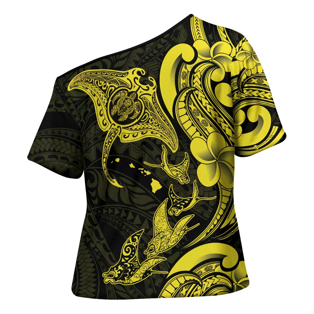 Hawaiian Manta Rays Cross Shoulder Shirt Tribal Hibiscus Polynesian Tattoos Yellow Color LT03 - Polynesian Pride