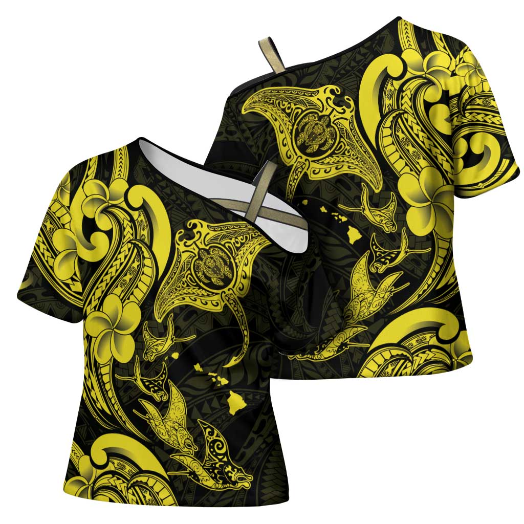 Hawaiian Manta Rays Cross Shoulder Shirt Tribal Hibiscus Polynesian Tattoos Yellow Color LT03 - Polynesian Pride