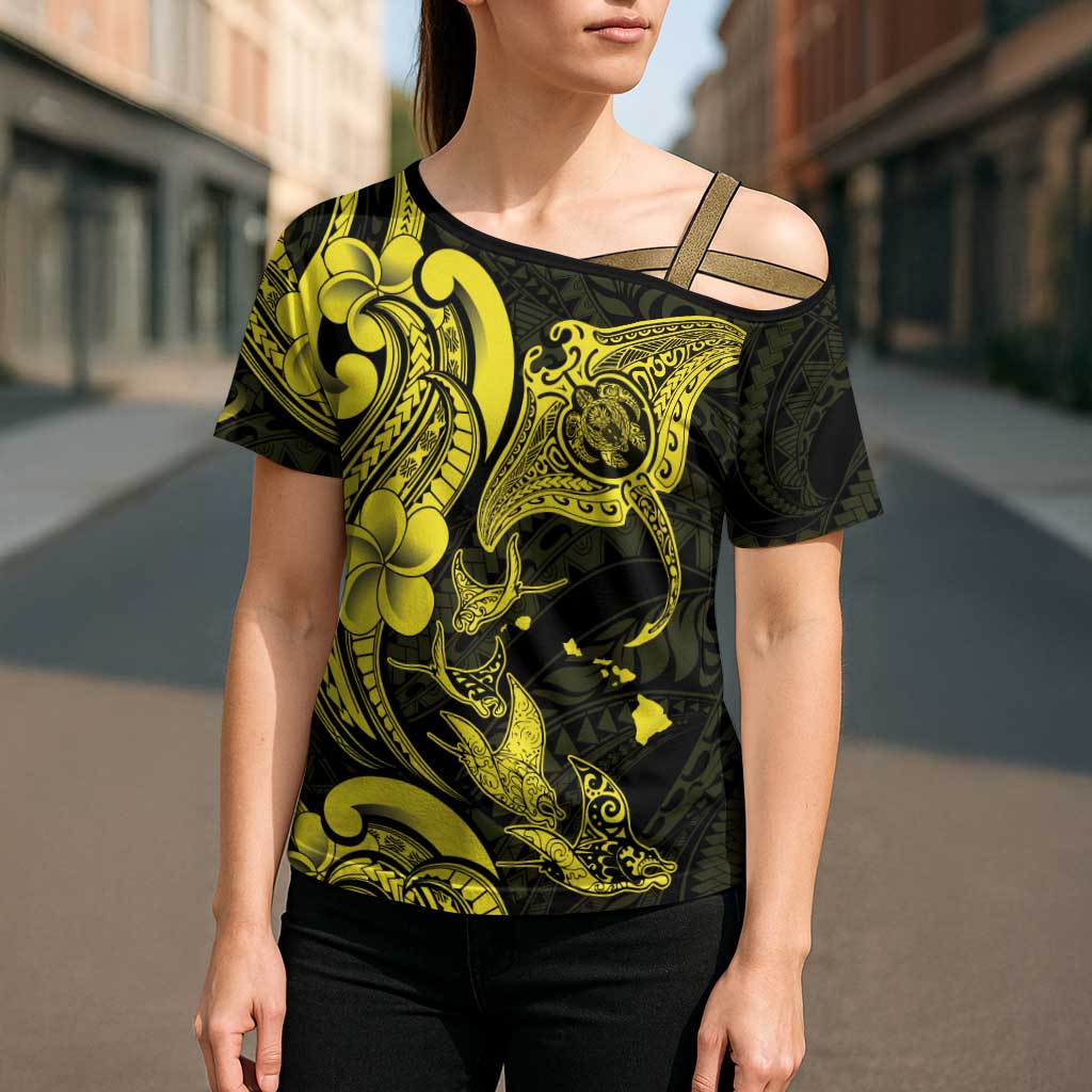 Hawaiian Manta Rays Cross Shoulder Shirt Tribal Hibiscus Polynesian Tattoos Yellow Color LT03 - Polynesian Pride