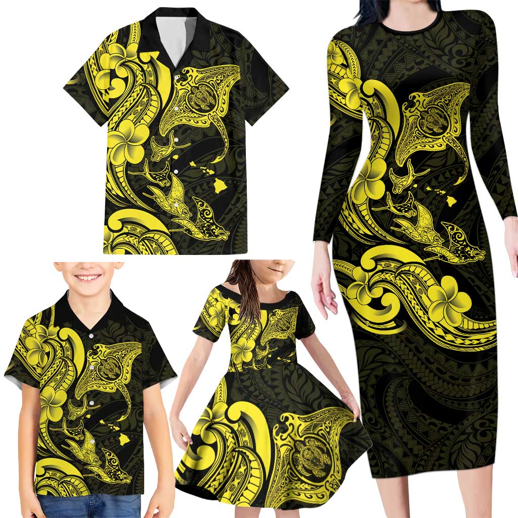 Hawaiian Manta Rays Family Matching Long Sleeve Bodycon Dress and Hawaiian Shirt Tribal Hibiscus Polynesian Tattoos Yellow Color LT03 - Polynesian Pride