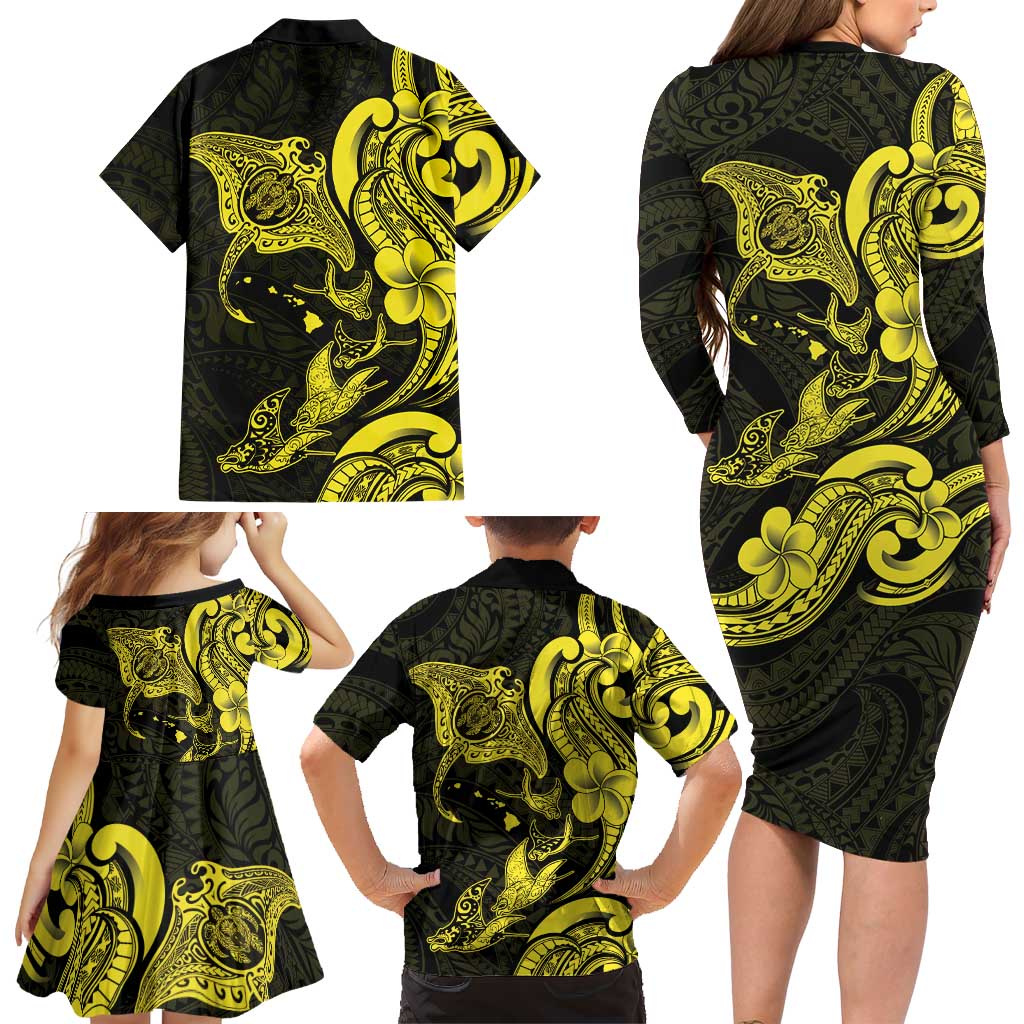 Hawaiian Manta Rays Family Matching Long Sleeve Bodycon Dress and Hawaiian Shirt Tribal Hibiscus Polynesian Tattoos Yellow Color LT03 - Polynesian Pride