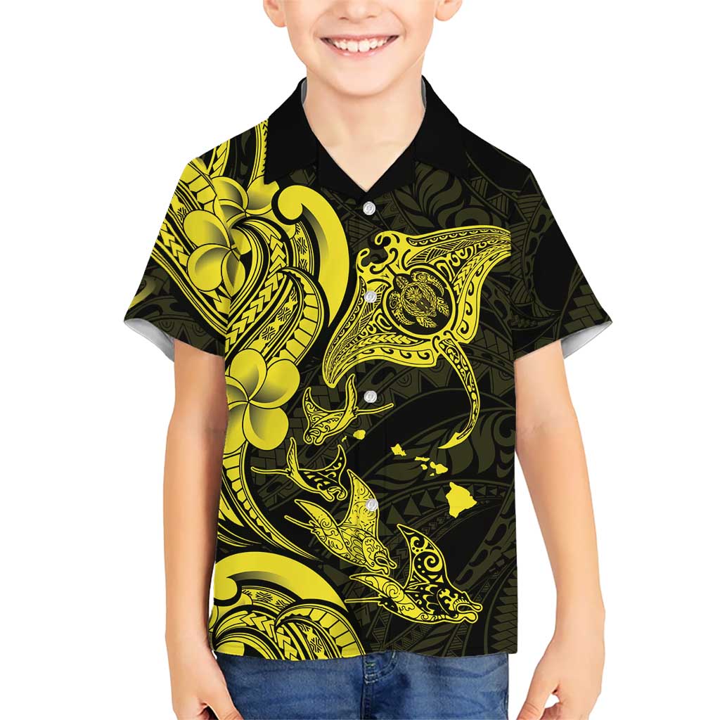 Hawaiian Manta Rays Family Matching Long Sleeve Bodycon Dress and Hawaiian Shirt Tribal Hibiscus Polynesian Tattoos Yellow Color LT03 Son's Shirt Yellow - Polynesian Pride