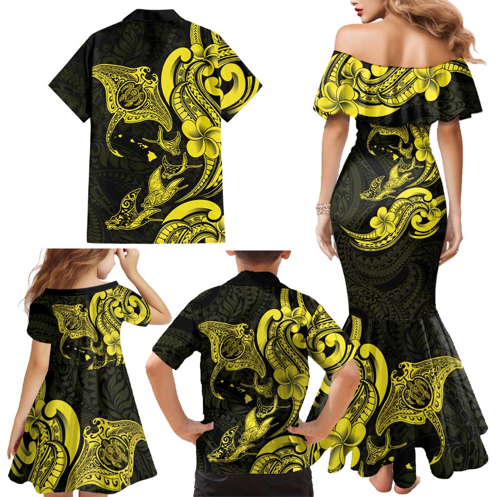 Hawaiian Manta Rays Family Matching Mermaid Dress and Hawaiian Shirt Tribal Hibiscus Polynesian Tattoos Yellow Color LT03 - Polynesian Pride