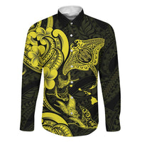 Hawaiian Manta Rays Family Matching Mermaid Dress and Hawaiian Shirt Tribal Hibiscus Polynesian Tattoos Yellow Color LT03 Dad's Shirt - Long Sleeve Yellow - Polynesian Pride