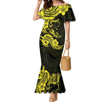 Hawaiian Manta Rays Family Matching Mermaid Dress and Hawaiian Shirt Tribal Hibiscus Polynesian Tattoos Yellow Color LT03 Mom's Dress Yellow - Polynesian Pride