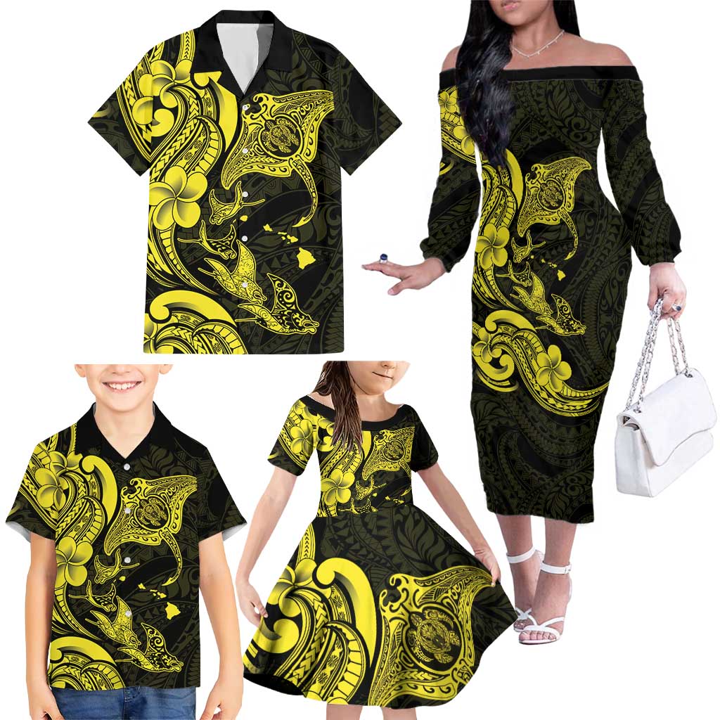 Hawaiian Manta Rays Family Matching Off The Shoulder Long Sleeve Dress and Hawaiian Shirt Tribal Hibiscus Polynesian Tattoos Yellow Color - Polynesian Pride