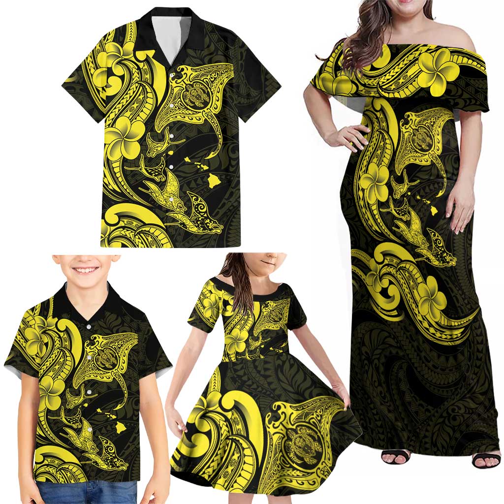 Hawaiian Manta Rays Family Matching Off Shoulder Maxi Dress and Hawaiian Shirt Tribal Hibiscus Polynesian Tattoos Yellow Color LT03 - Polynesian Pride