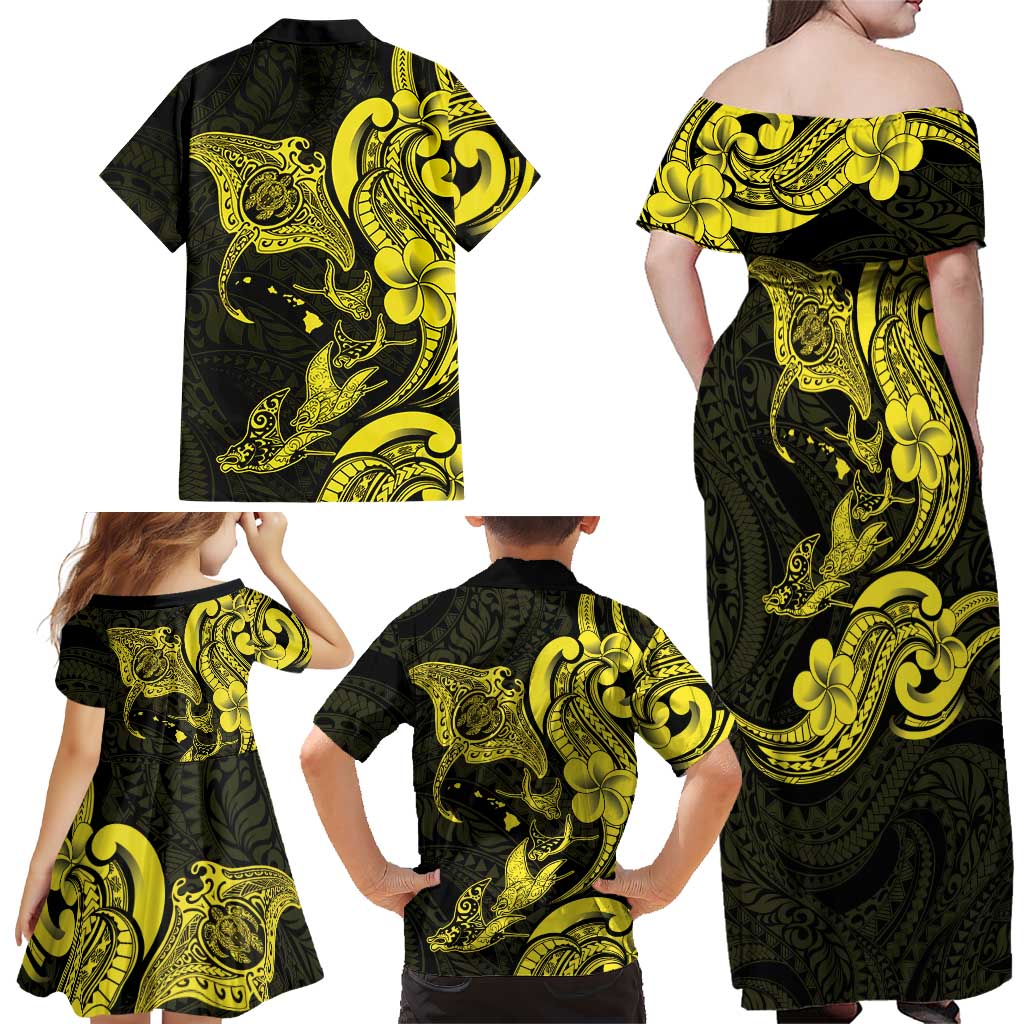 Hawaiian Manta Rays Family Matching Off Shoulder Maxi Dress and Hawaiian Shirt Tribal Hibiscus Polynesian Tattoos Yellow Color LT03 - Polynesian Pride