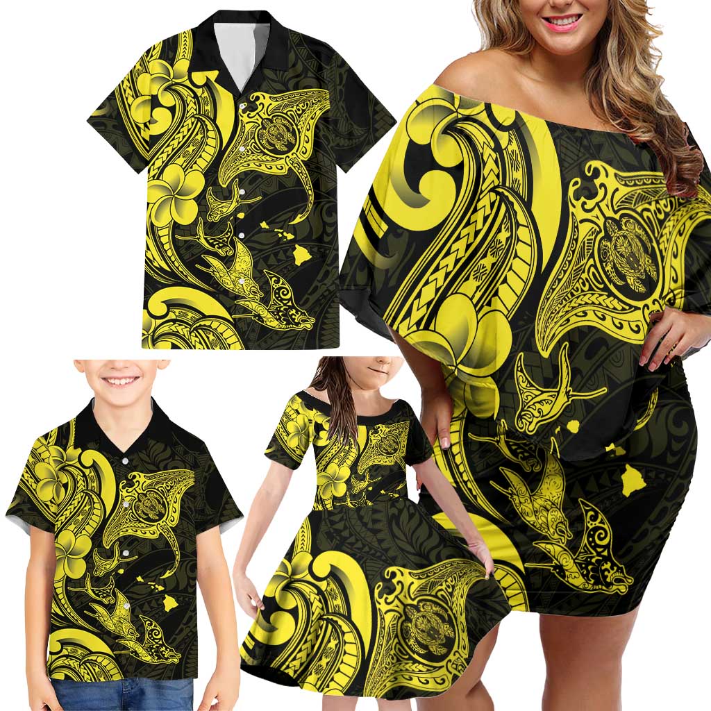 Hawaiian Manta Rays Family Matching Off Shoulder Short Dress and Hawaiian Shirt Tribal Hibiscus Polynesian Tattoos Yellow Color LT03 - Polynesian Pride