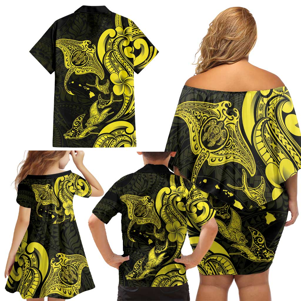 Hawaiian Manta Rays Family Matching Off Shoulder Short Dress and Hawaiian Shirt Tribal Hibiscus Polynesian Tattoos Yellow Color LT03 - Polynesian Pride