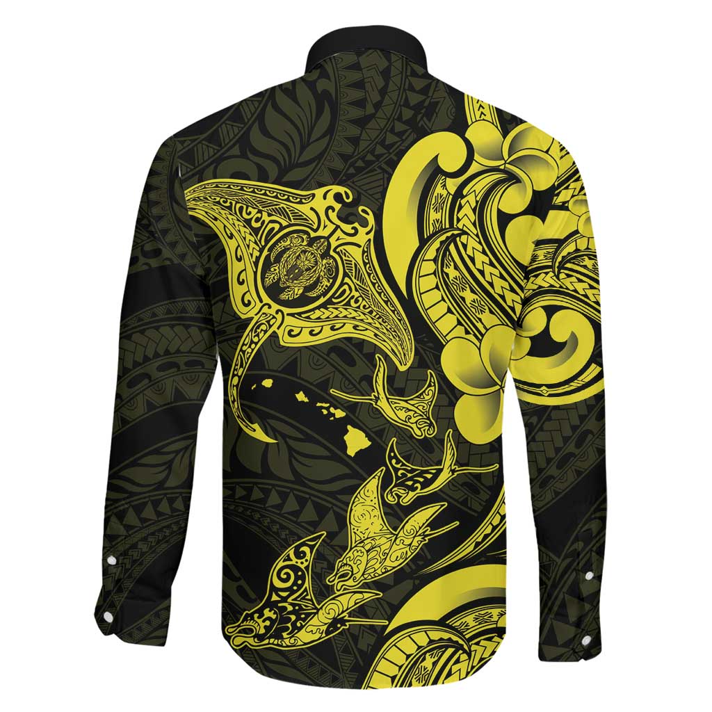 Hawaiian Manta Rays Family Matching Off Shoulder Short Dress and Hawaiian Shirt Tribal Hibiscus Polynesian Tattoos Yellow Color LT03 - Polynesian Pride
