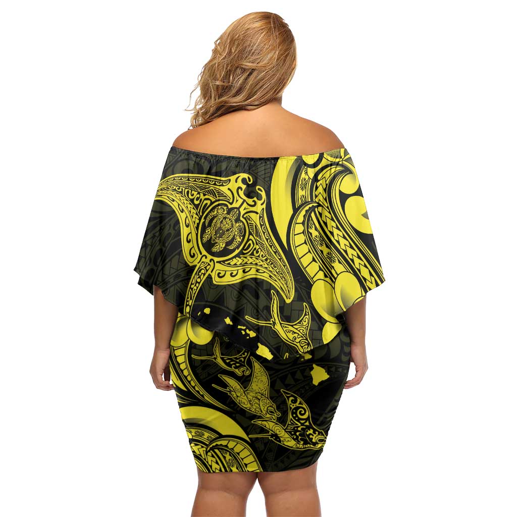 Hawaiian Manta Rays Family Matching Off Shoulder Short Dress and Hawaiian Shirt Tribal Hibiscus Polynesian Tattoos Yellow Color LT03 - Polynesian Pride