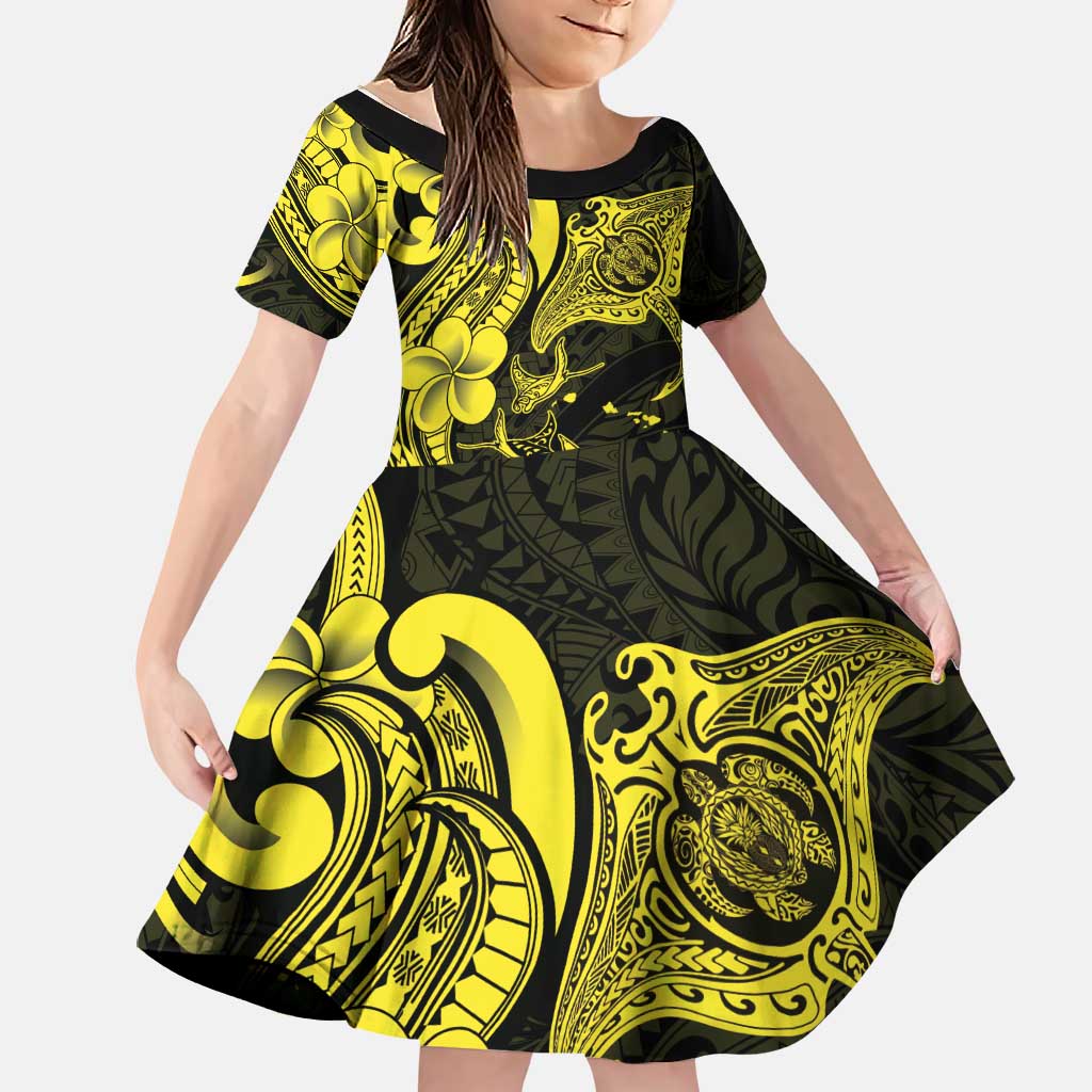 Hawaiian Manta Rays Family Matching Puletasi and Hawaiian Shirt Tribal Hibiscus Polynesian Tattoos Yellow Color LT03 Daughter's Dress Yellow - Polynesian Pride