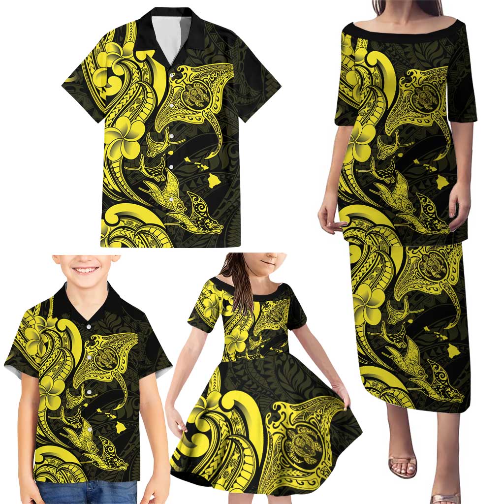 Hawaiian Manta Rays Family Matching Puletasi and Hawaiian Shirt Tribal Hibiscus Polynesian Tattoos Yellow Color LT03 - Polynesian Pride