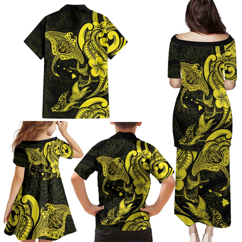 Hawaiian Manta Rays Family Matching Puletasi and Hawaiian Shirt Tribal Hibiscus Polynesian Tattoos Yellow Color LT03 - Polynesian Pride