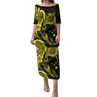 Hawaiian Manta Rays Family Matching Puletasi and Hawaiian Shirt Tribal Hibiscus Polynesian Tattoos Yellow Color LT03 Mom's Dress Yellow - Polynesian Pride