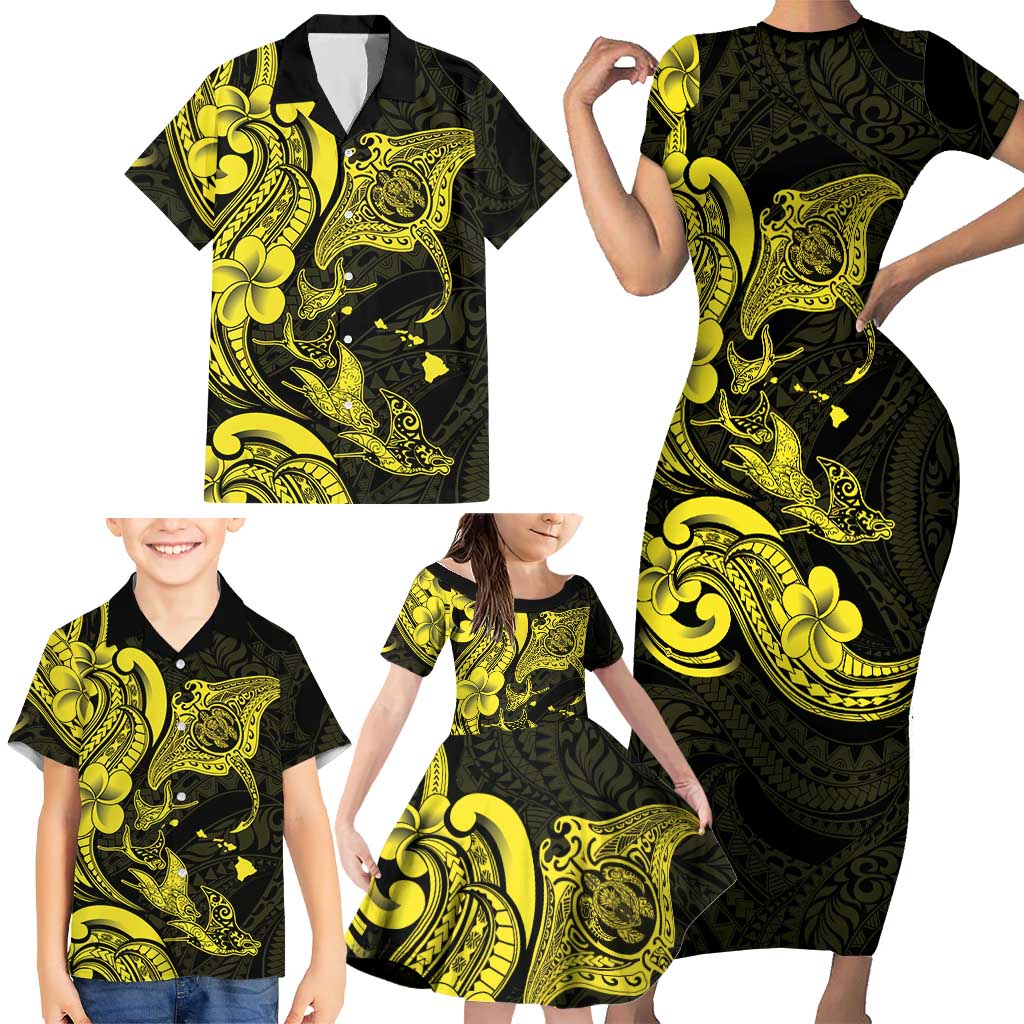 Hawaiian Manta Rays Family Matching Short Sleeve Bodycon Dress and Hawaiian Shirt Tribal Hibiscus Polynesian Tattoos Yellow Color LT03 - Polynesian Pride