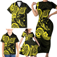 Hawaiian Manta Rays Family Matching Short Sleeve Bodycon Dress and Hawaiian Shirt Tribal Hibiscus Polynesian Tattoos Yellow Color LT03 - Polynesian Pride