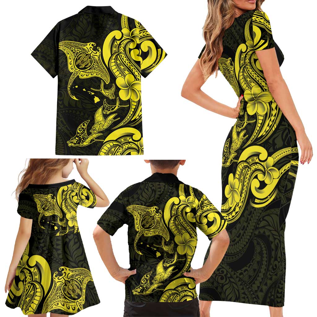 Hawaiian Manta Rays Family Matching Short Sleeve Bodycon Dress and Hawaiian Shirt Tribal Hibiscus Polynesian Tattoos Yellow Color LT03 - Polynesian Pride