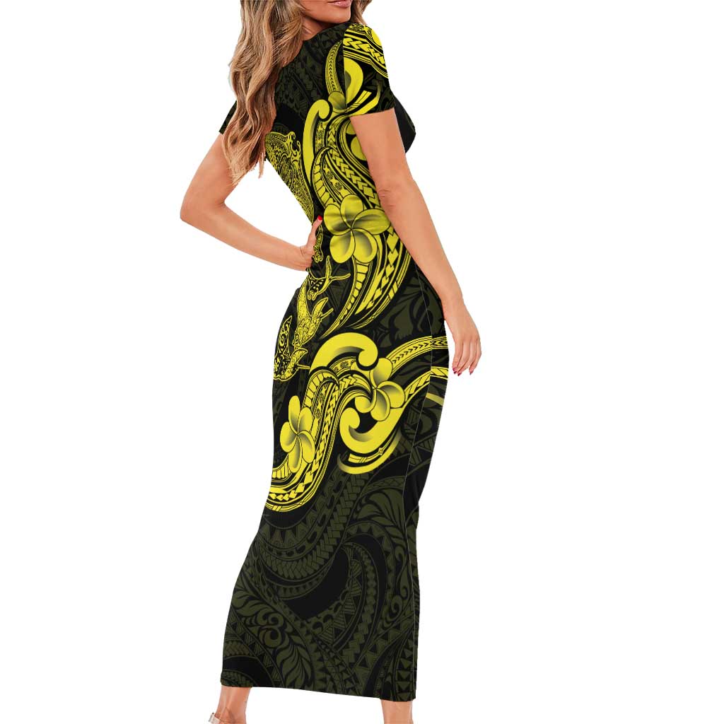 Hawaiian Manta Rays Family Matching Short Sleeve Bodycon Dress and Hawaiian Shirt Tribal Hibiscus Polynesian Tattoos Yellow Color LT03 - Polynesian Pride