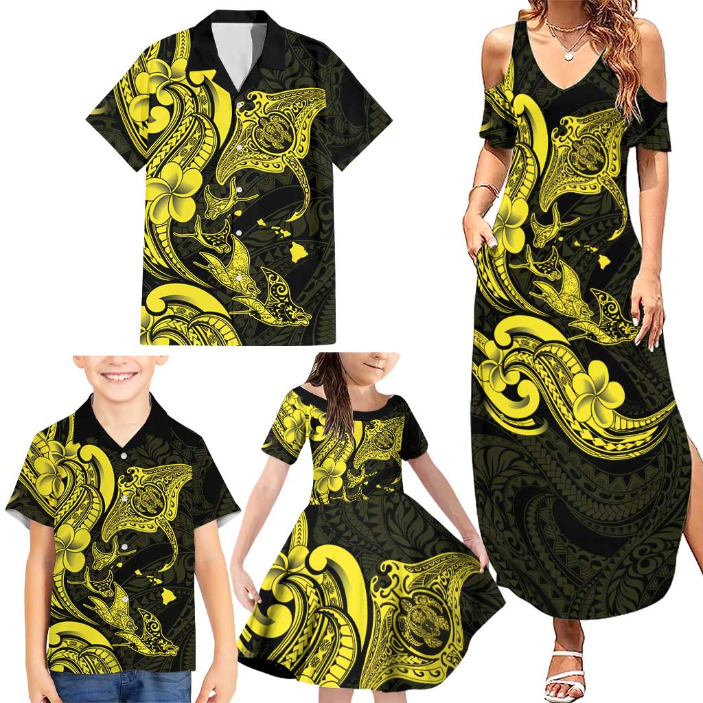 Hawaiian Manta Rays Family Matching Summer Maxi Dress and Hawaiian Shirt Tribal Hibiscus Polynesian Tattoos Yellow Color LT03 - Polynesian Pride