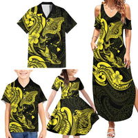 Hawaiian Manta Rays Family Matching Summer Maxi Dress and Hawaiian Shirt Tribal Hibiscus Polynesian Tattoos Yellow Color LT03 - Polynesian Pride