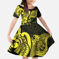 Hawaiian Manta Rays Family Matching Tank Maxi Dress and Hawaiian Shirt Tribal Hibiscus Polynesian Tattoos Yellow Color LT03 Daughter's Dress Yellow - Polynesian Pride