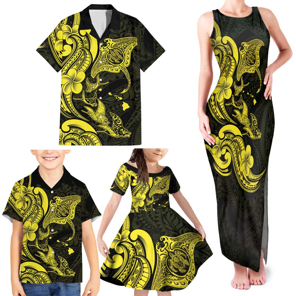 Hawaiian Manta Rays Family Matching Tank Maxi Dress and Hawaiian Shirt Tribal Hibiscus Polynesian Tattoos Yellow Color - Polynesian Pride