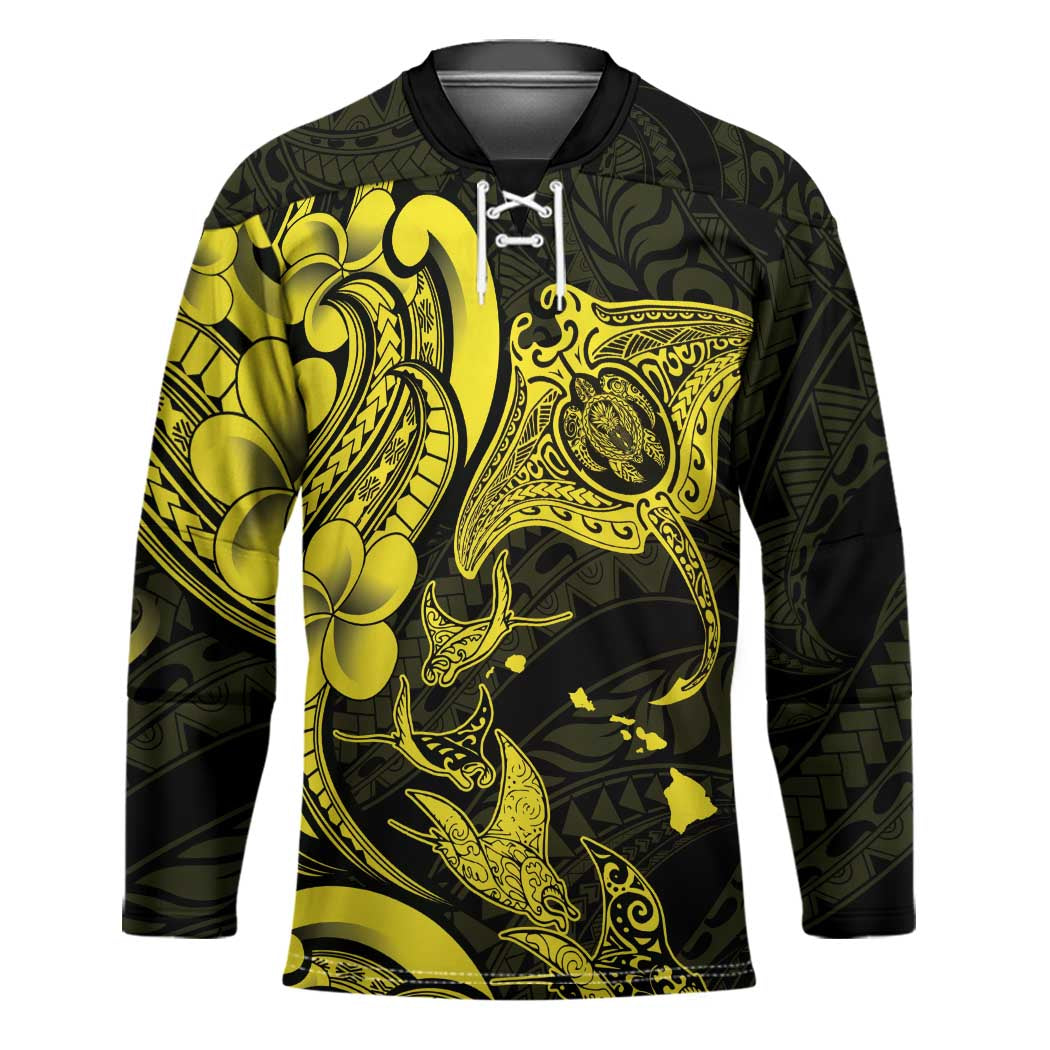 Hawaiian Manta Rays Hockey Jersey Tribal Hibiscus Polynesian Tattoos Yellow Color - Polynesian Pride