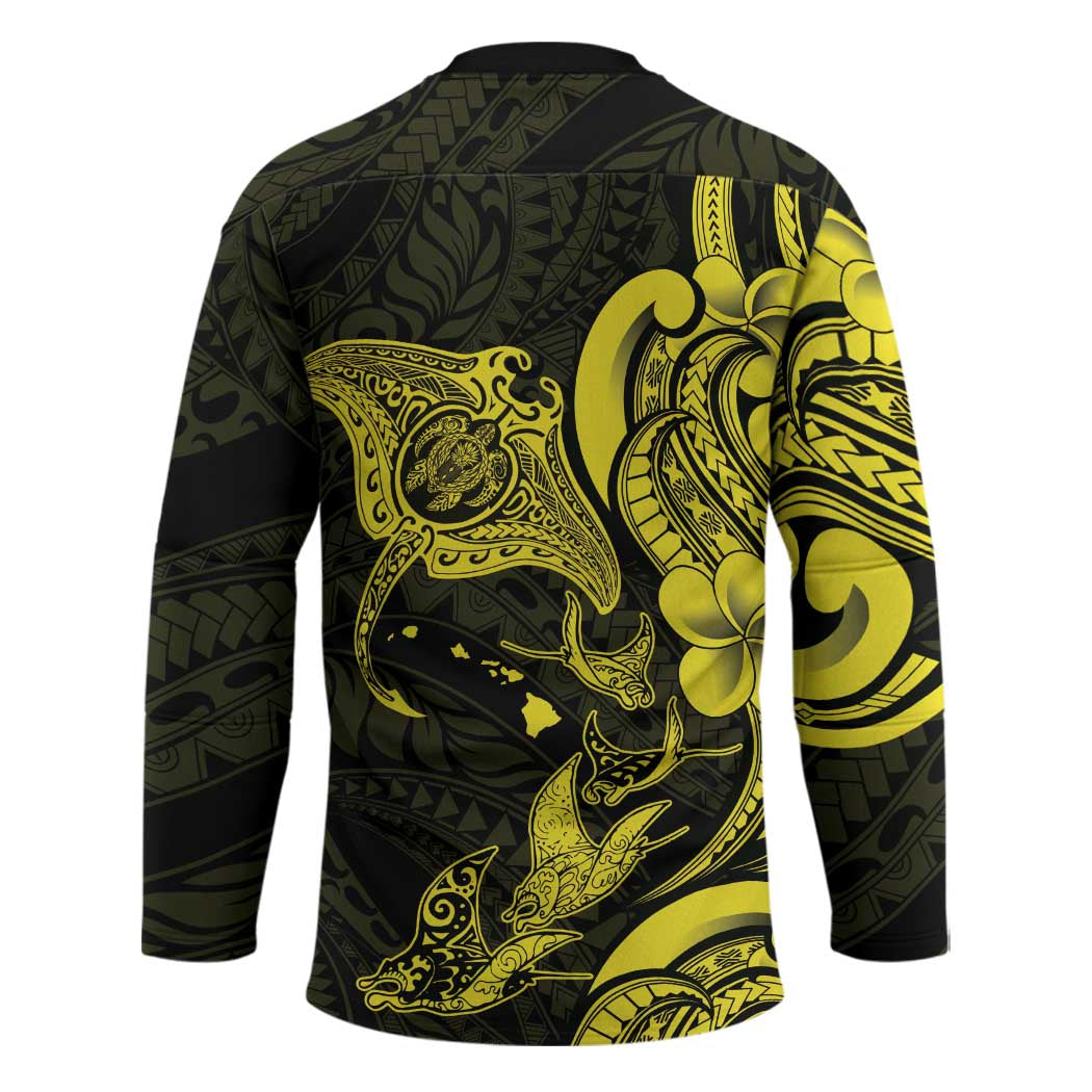Hawaiian Manta Rays Hockey Jersey Tribal Hibiscus Polynesian Tattoos Yellow Color - Polynesian Pride
